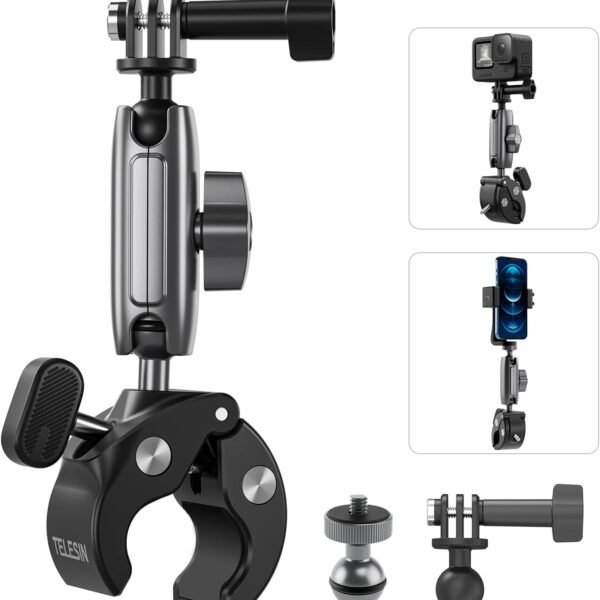 TELESIN Super Clamp Camera Mount with 360° Dual Ball Head, Bike/Bicycle/Motorcycle Handlebar Mount for DJI Osmo Action 6/Osmo Action 5 Pro/Osmo Nano/Action 4 3/Hero 13 12 11 10 9 8 7/Insta 360 X4 X5